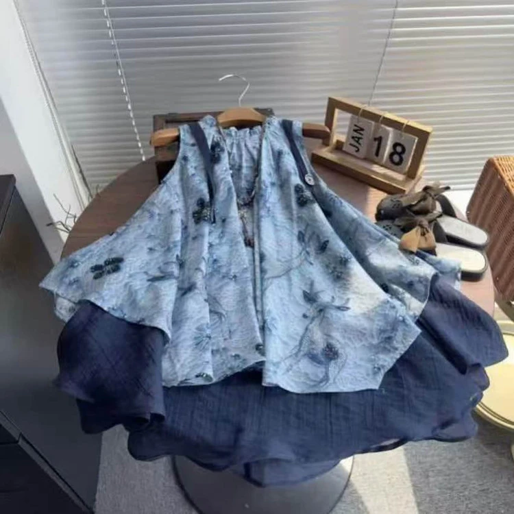 女童无袖连衣裙2025夏季假两件不规则印花背心裙公主裙薄款沙滩裙