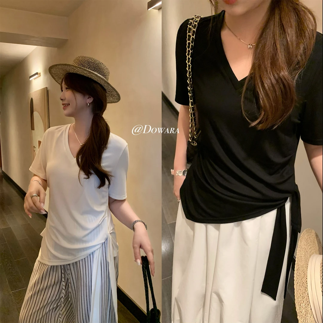 现货大婉酱微胖定制【林间白描t】V领设计褶皱T恤显瘦收腰上衣8615D