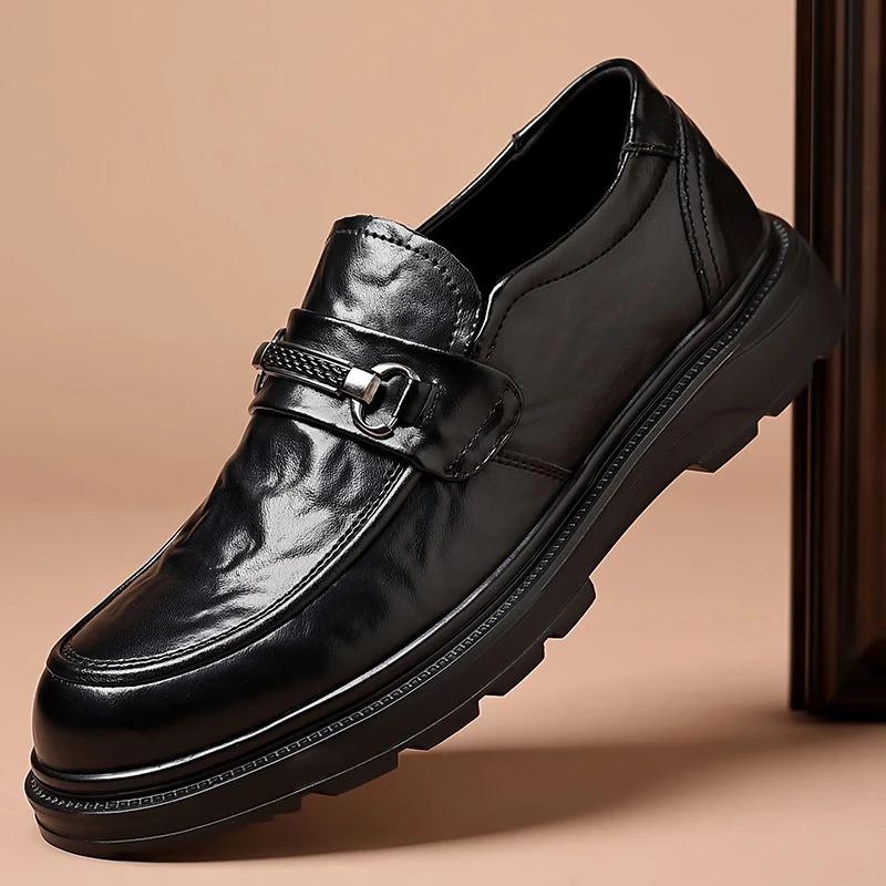 男士秋季休闲皮鞋豆豆鞋男款2025新款牛皮黑色商务正装乐福男鞋
