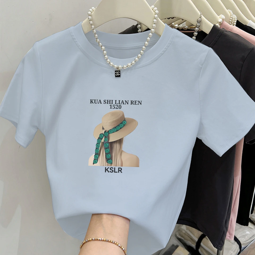 2025新款圆领太阳帽女孩印花纯棉短袖小个子女修身显瘦百搭上衣