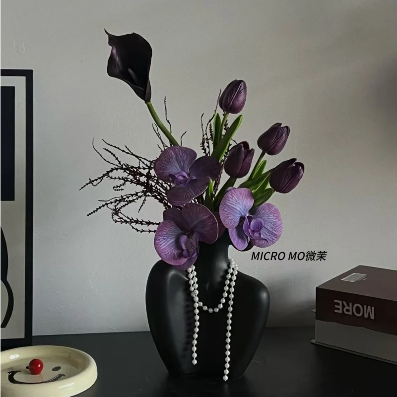 设计师款紫色系轻奢创意客厅餐桌仿真花插花装饰品蝴蝶兰套装摆件