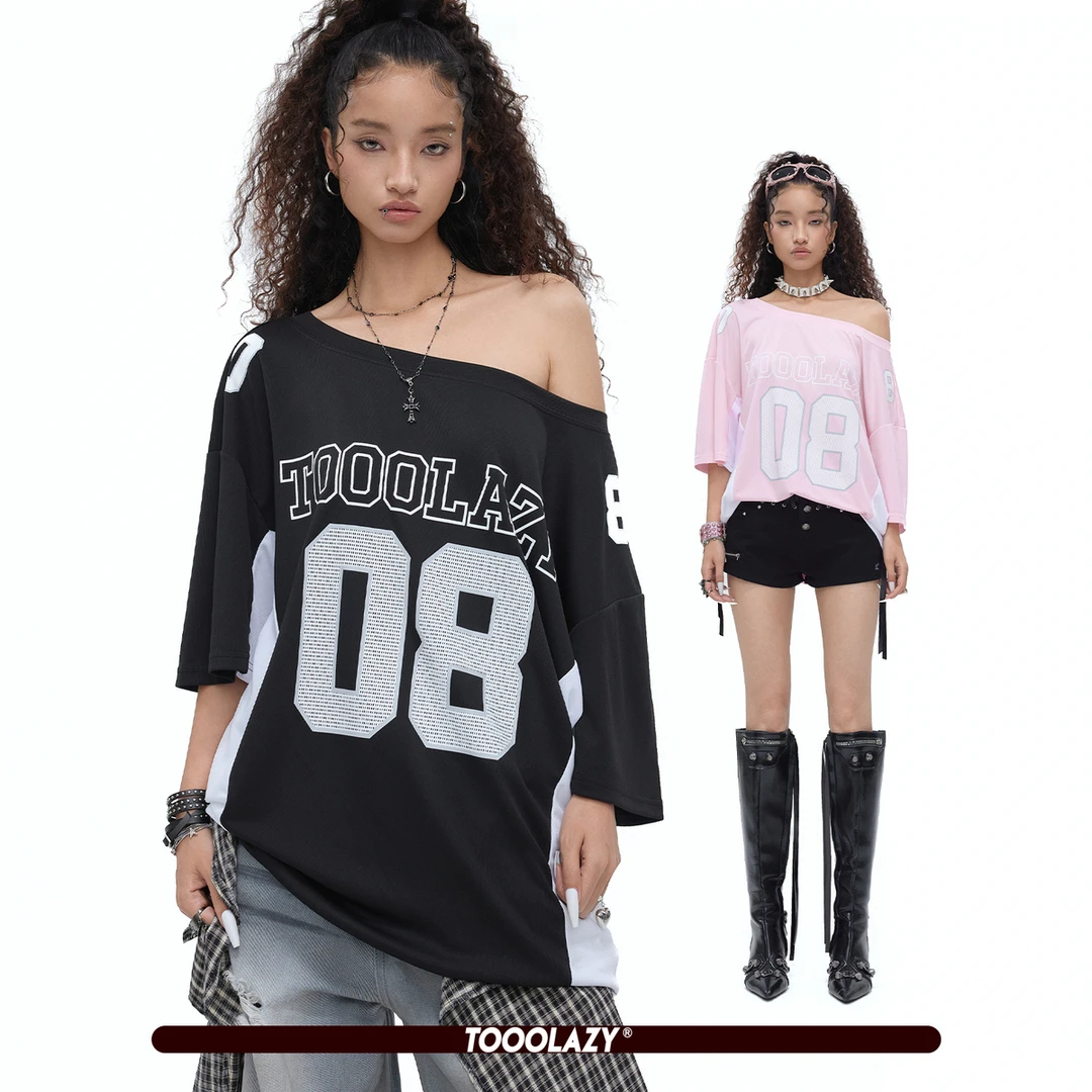 TOOOLAZY【门店同款】黑色泽西风运动球服七分袖T恤女一字肩宽松