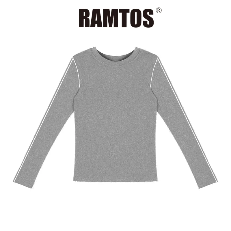 RAMTOS撞线圆领羊毛天丝打底衫羊毛衫时尚内搭针织衫毛衣