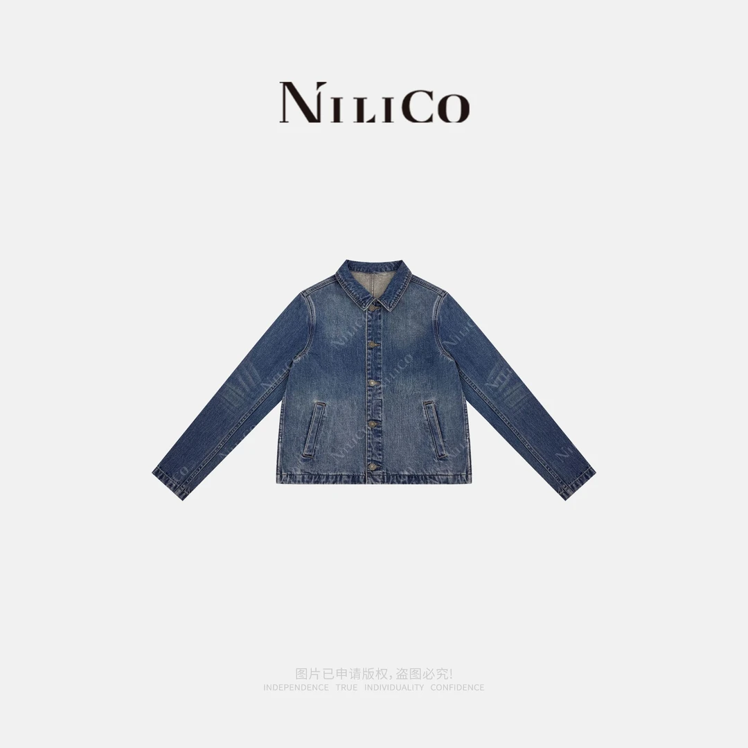 NILICO【花样年华】复古棉竹节纹洗水做旧翻领百搭牛仔外套