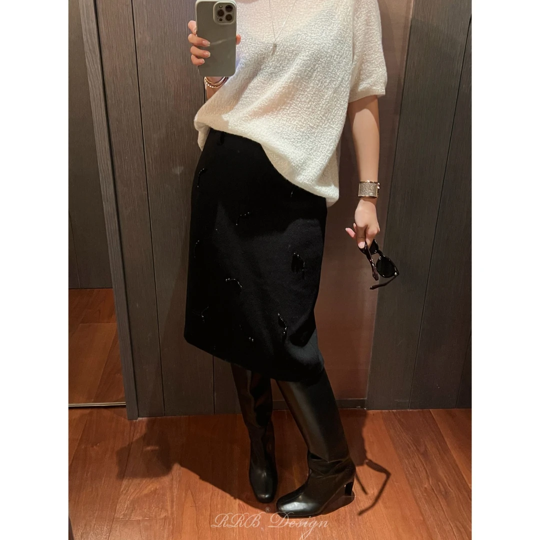 RRB Design「克制美」绵羊毛混纺手工珠饰刺绣高腰直筒半裙