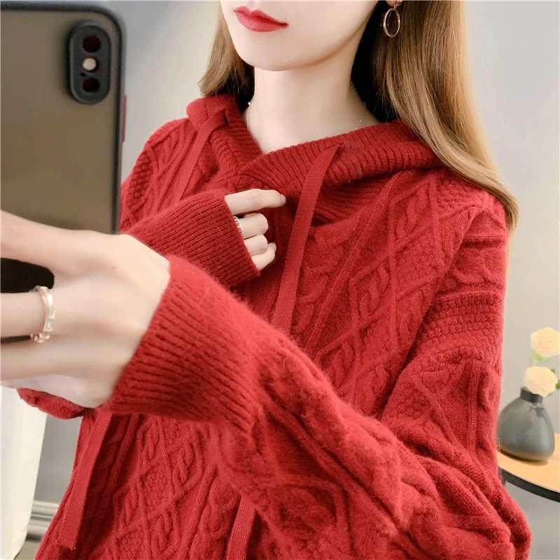 5004气质百搭毛衣针织连帽女新款外搭洋气小个子上衣针织纯色显瘦