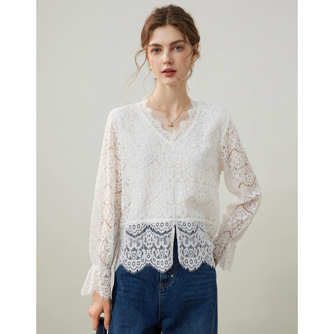 白鹿语新款女装时尚优雅气质百搭长袖蕾丝V领上衣BY20001