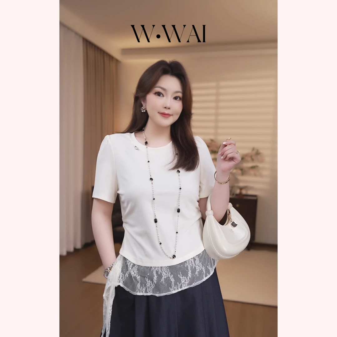 【望舒】显瘦下摆拼接不对称蕾丝T恤 X52S733