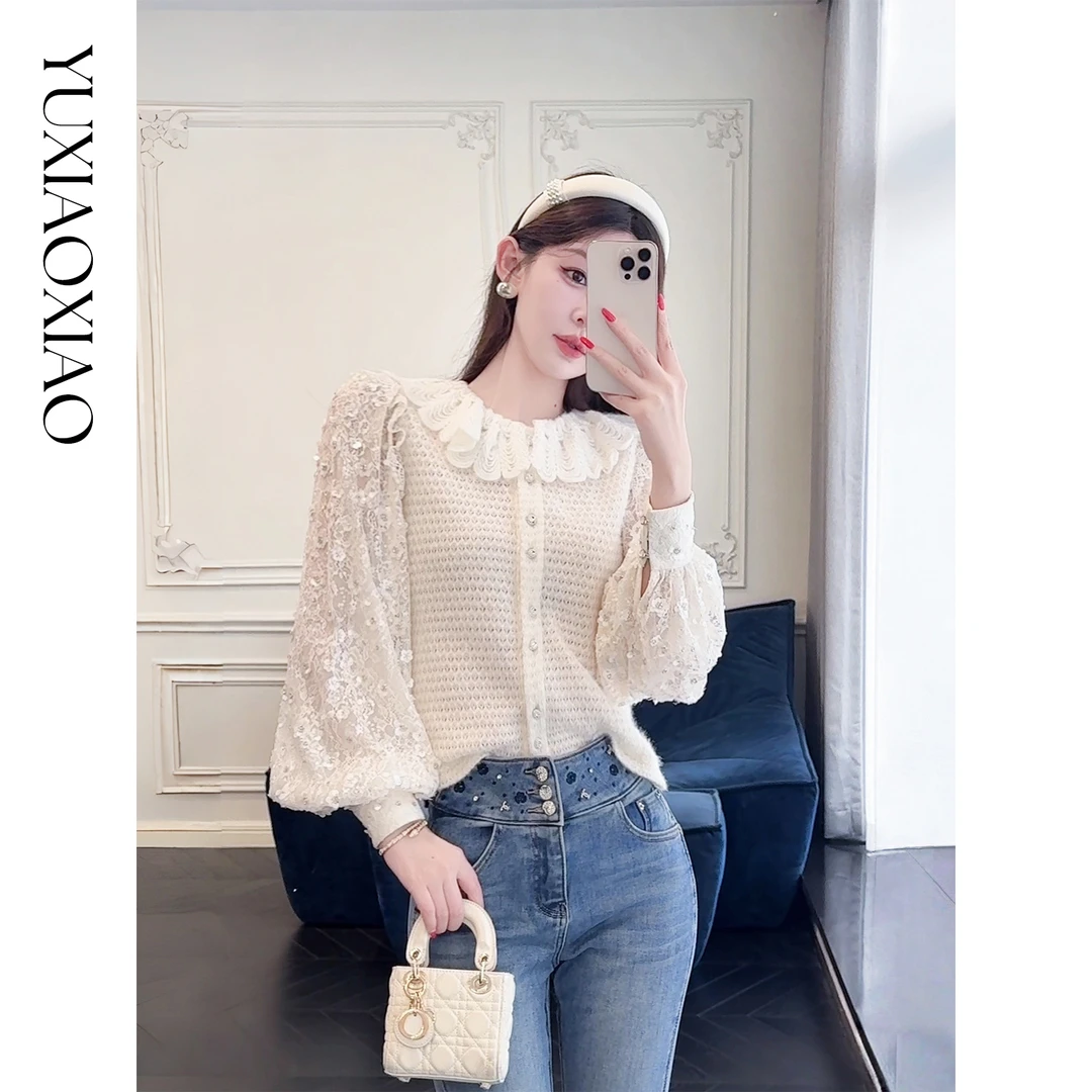 【小呆鸟专享】【优雅定律】高级肌理感绣花蕾丝立体感灯笼袖上衣