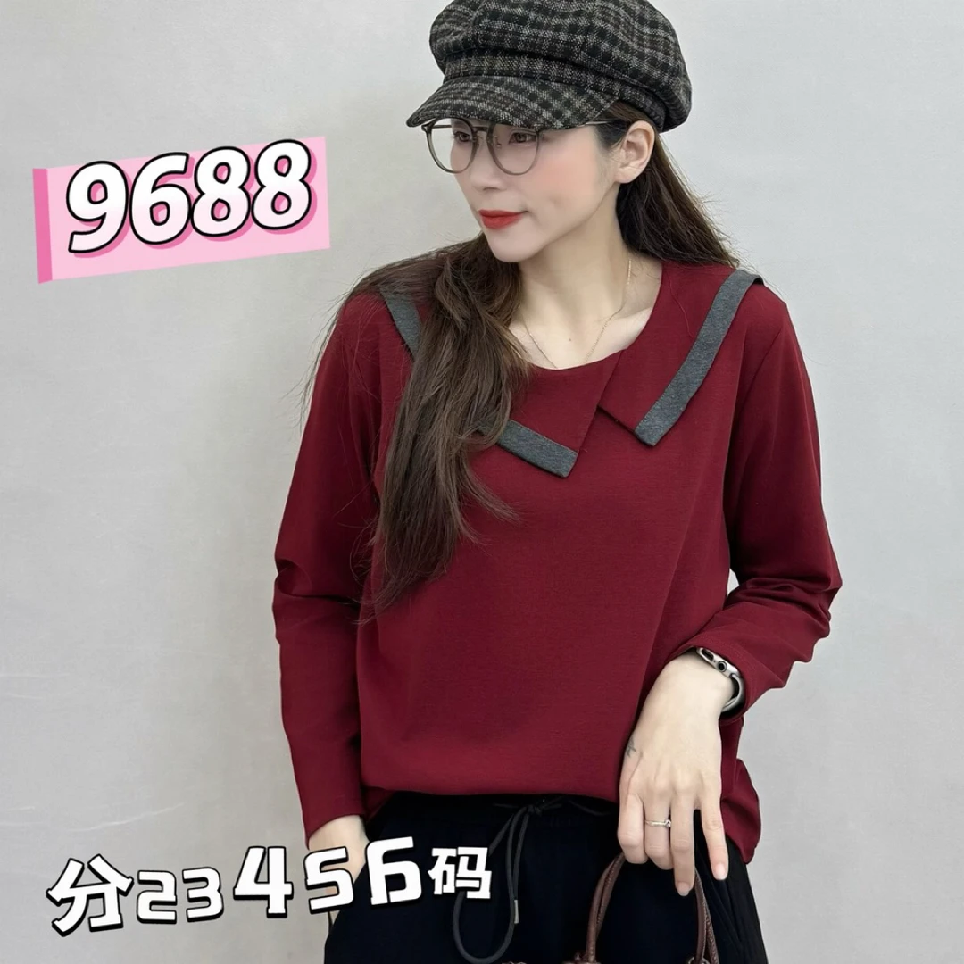 彩衣蝶撞色娃娃领百搭减龄长袖上衣9688