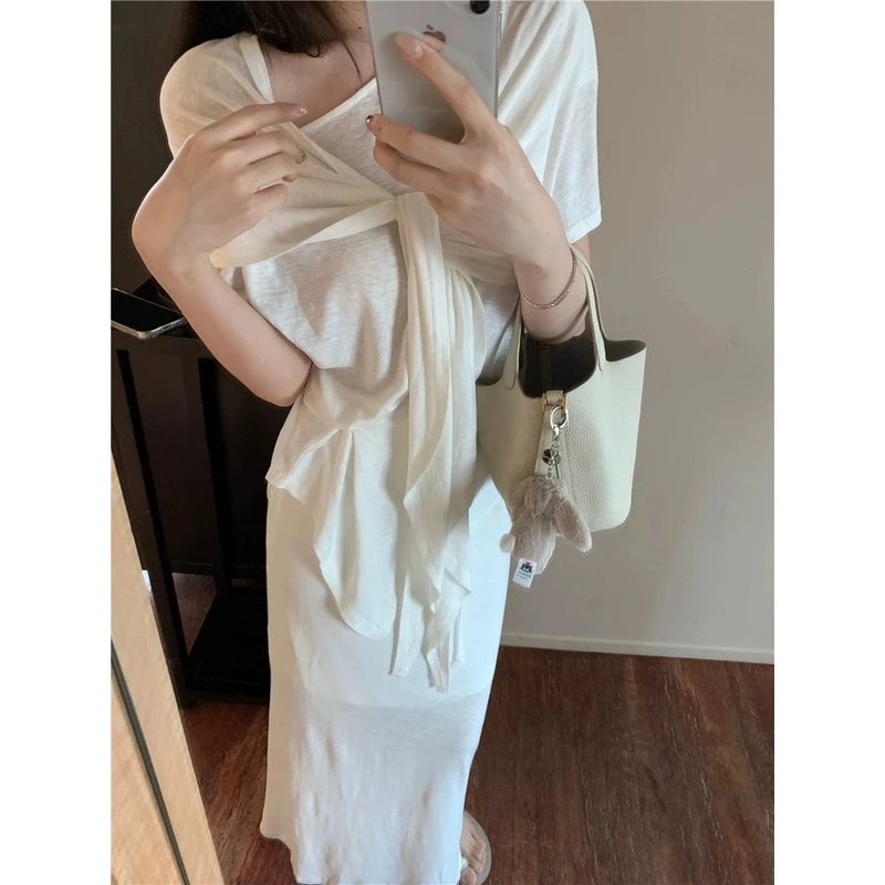 白开水 2025舒服系舒适棉套装T恤+半身裙+披肩三件套