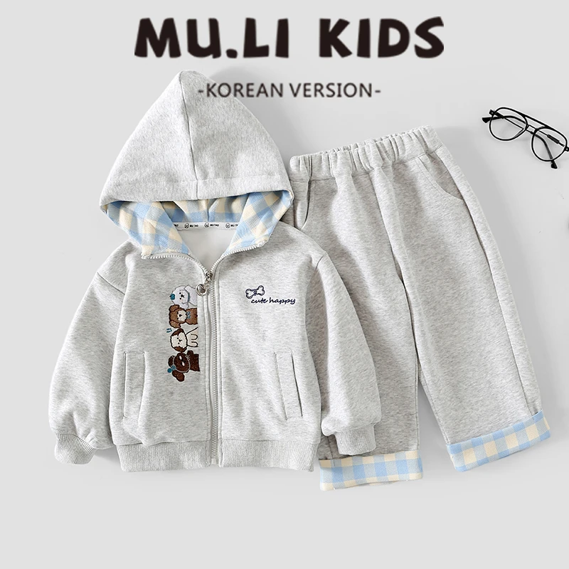 男女童套装新款拉链卫衣男女宝连帽外套格子拼接两件套春装A-052