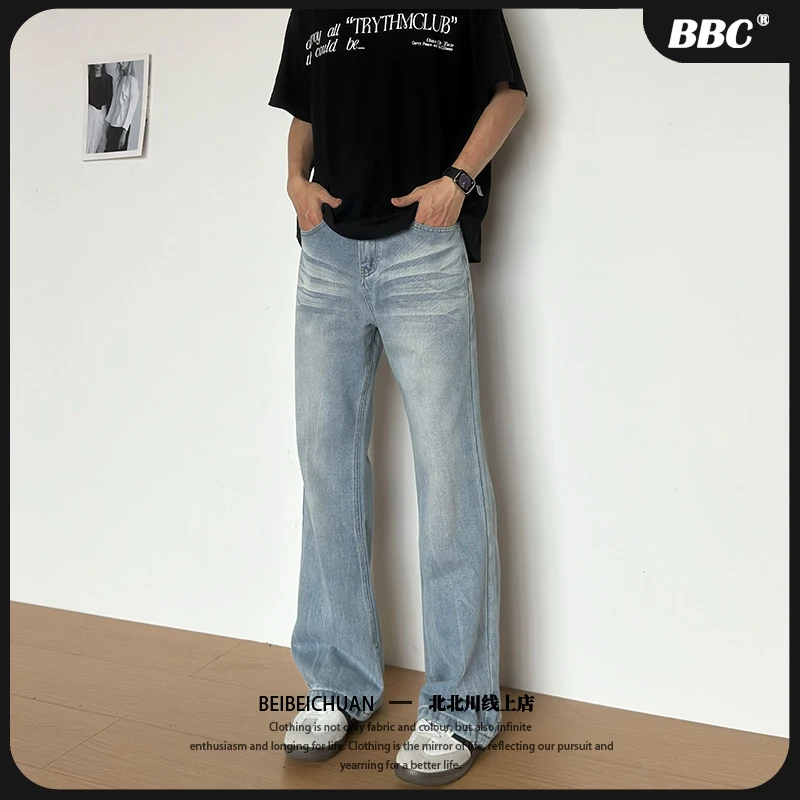 BBC【闪电纹牛仔裤】半松紧腰冰川浅蓝牛仔裤男生宽松直筒微喇裤男