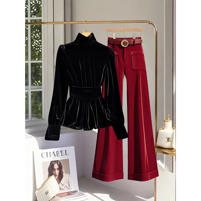秋冬时尚套装高级感赫本风黑色丝绒上衣多巴胺红色休闲裤两件套女