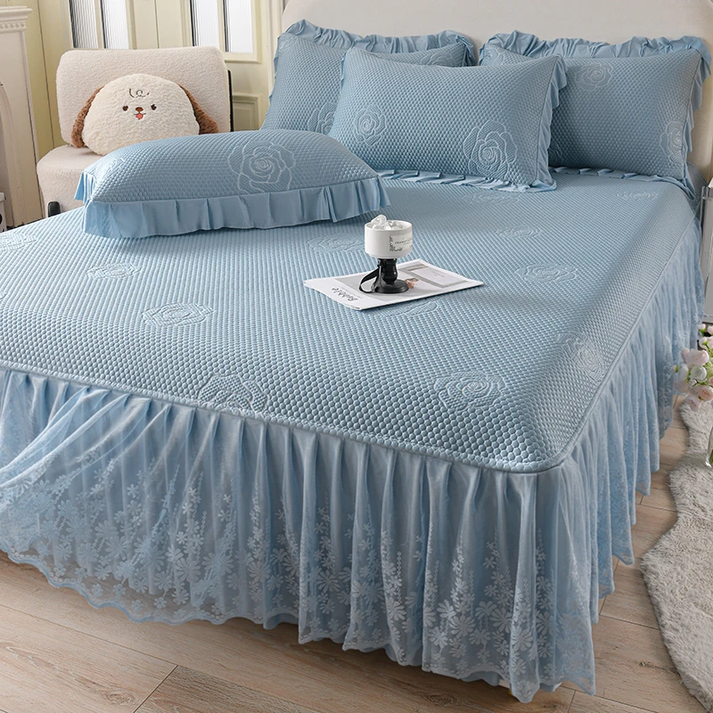 【玫瑰】冰豆豆凉席三件套床裙款夏季可机洗软凉席防滑空调席