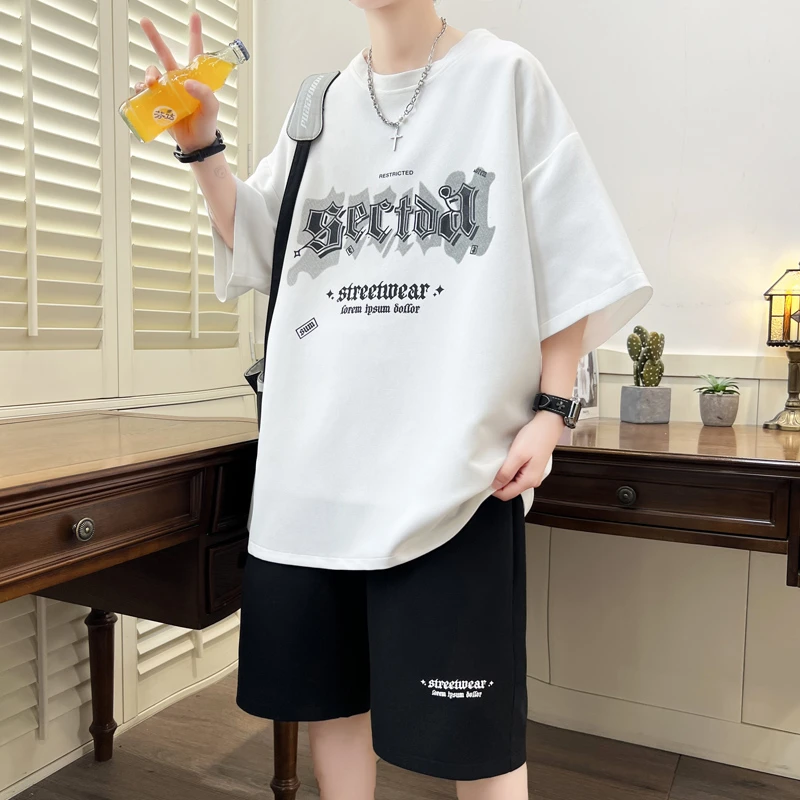 夏季高中生短袖T恤套装男青少年休闲运动百搭宽松时尚印花两件套