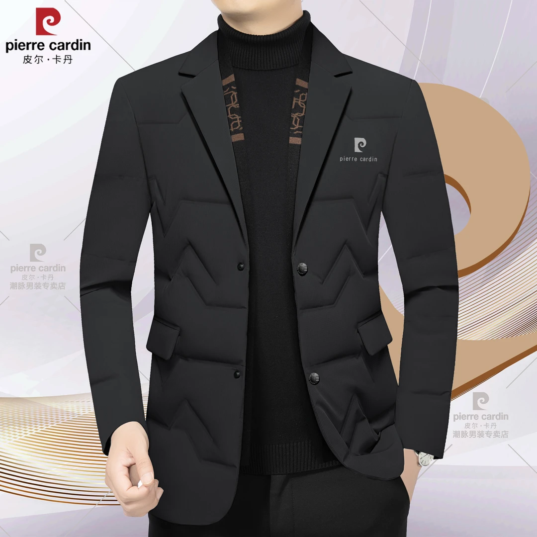 皮尔卡丹冬季男士羽绒服保暖西服商务休闲可脱卸围巾男装外套上衣