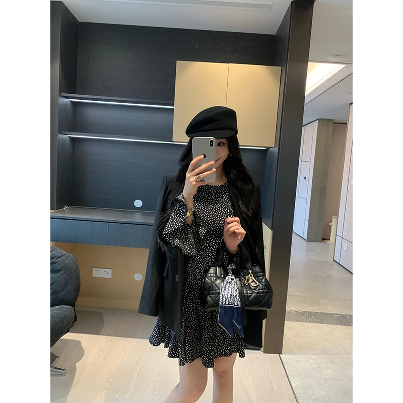 XINYI【波卡假日】春季圆领波点连衣裙喇叭袖收腰显瘦X625Q01773