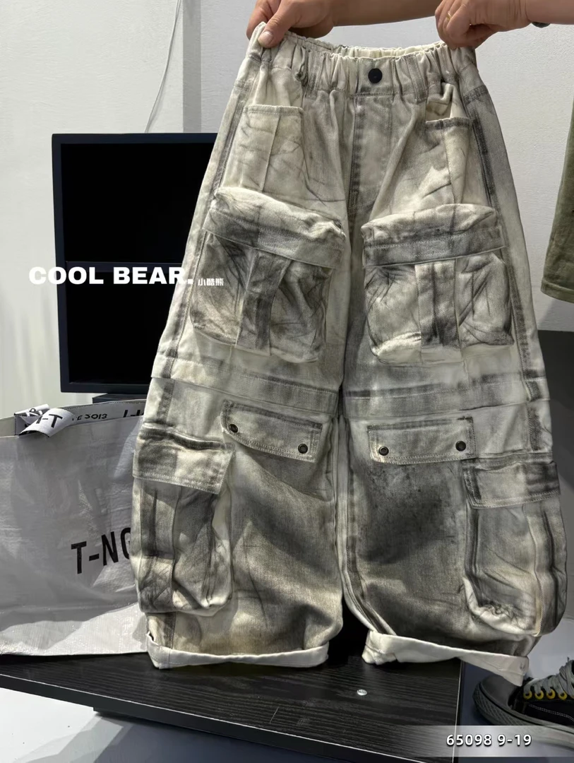 【蒙蒙潮童2025秋新】高街设计感大口袋做旧个性中大童脏脏裤童裤