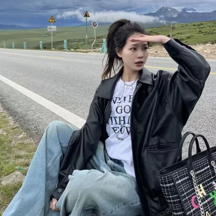 2025年春秋新款港风翻领时尚宽松皮夹克美式皮衣秋季休闲外套上衣