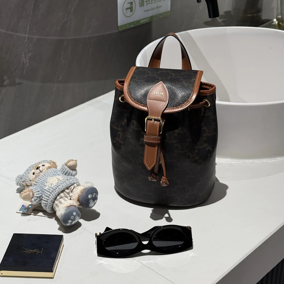 95新 Celine/思琳 棕色凯旋门老花 迷你双肩包