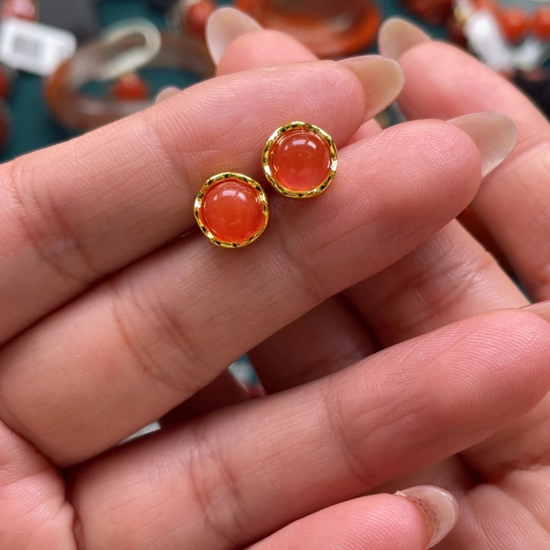 南红玛瑙银S925镶嵌开播福利保山南红冰红耳钉