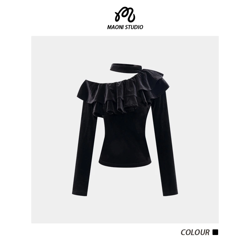 毛妮LADIESFIRST【樱雨莲香】荷叶边设计感纯欲露肩修身上衣L2459