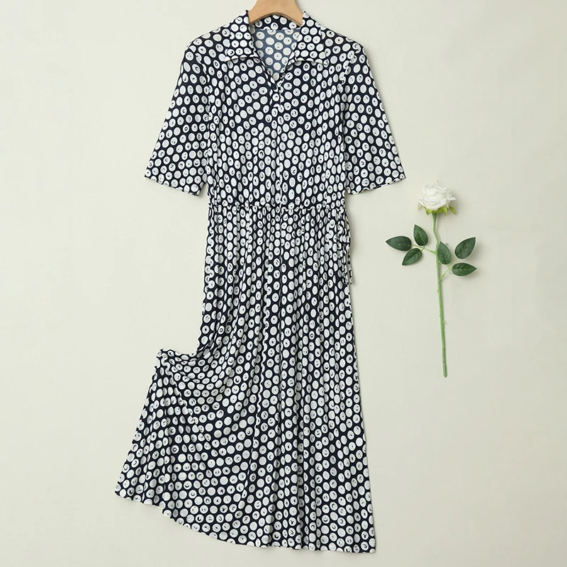 LANZIBES/蓝之蓓真丝42针气质翻领连衣裙印花桑蚕丝连衣裙Q8931