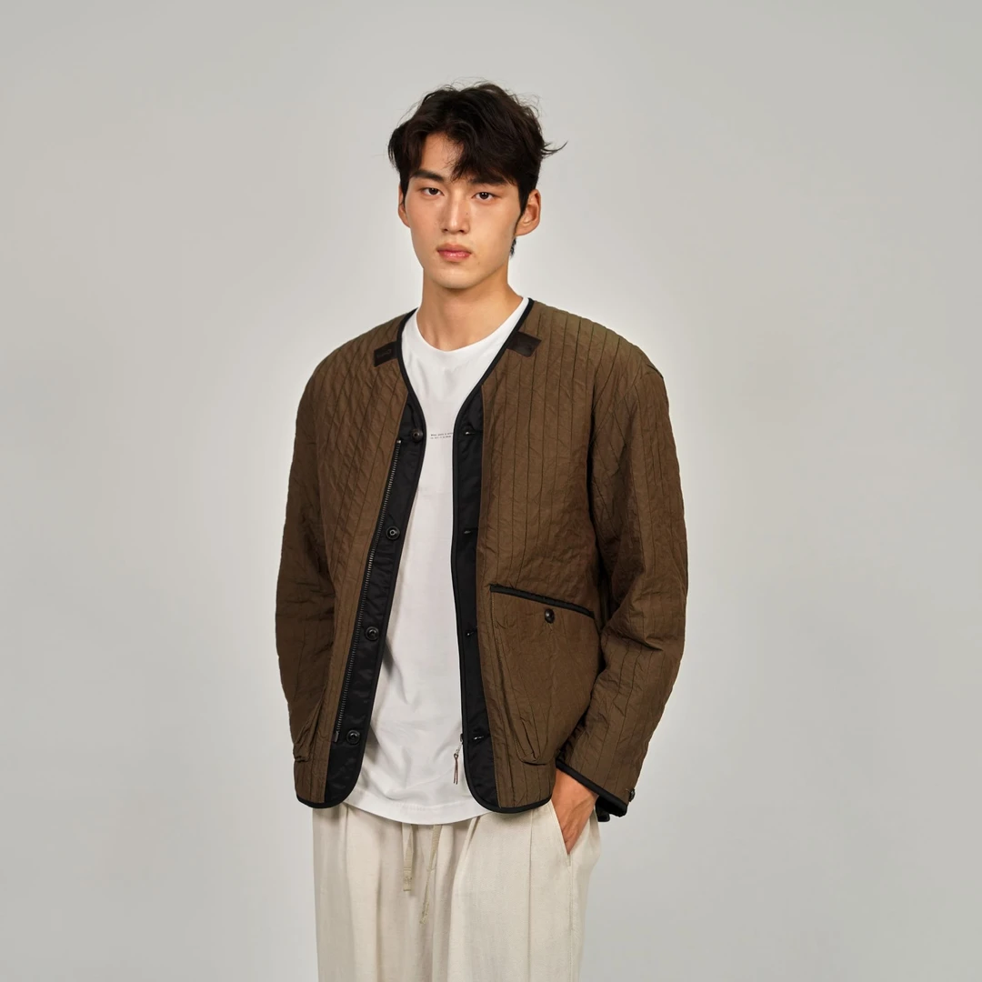 北纬三十度羽绒服休闲风常规款百搭无领男款翻领褶皱短款男士