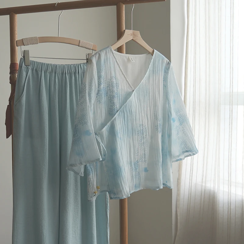 4713《青瓷酿雪》夏季新中式复古文艺系带衬衫原创禅意宽松上衣女
