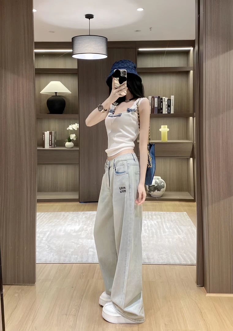 美式高街做旧时尚百搭阔腿牛仔裤女夏季新款牛仔裤女款夏季薄款