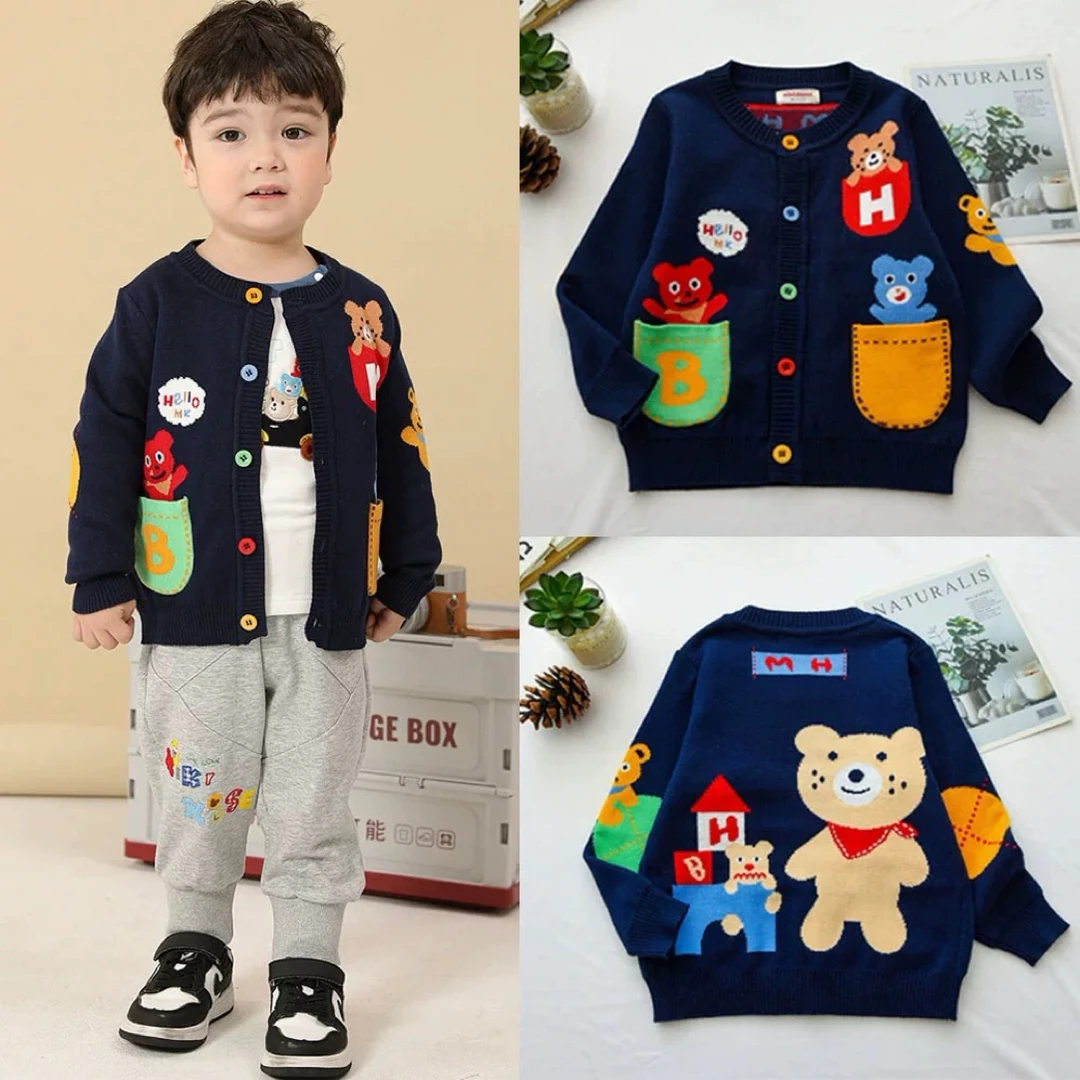 (现货)儿童开衫双层秋冬加厚针织毛衣 麻子熊男女童宝宝潮上衣