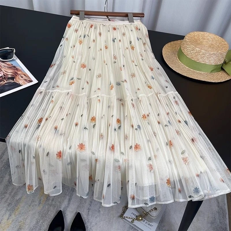 绝美网纱半身裙女夏季2025新款松紧腰遮跨显瘦a字裙飘逸雪纺长裙