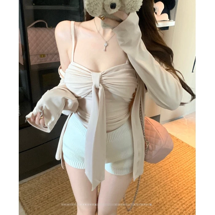 纯欲风蝴蝶结吊带上衣女春秋2025新款外搭小坎肩胖mm大码两件套