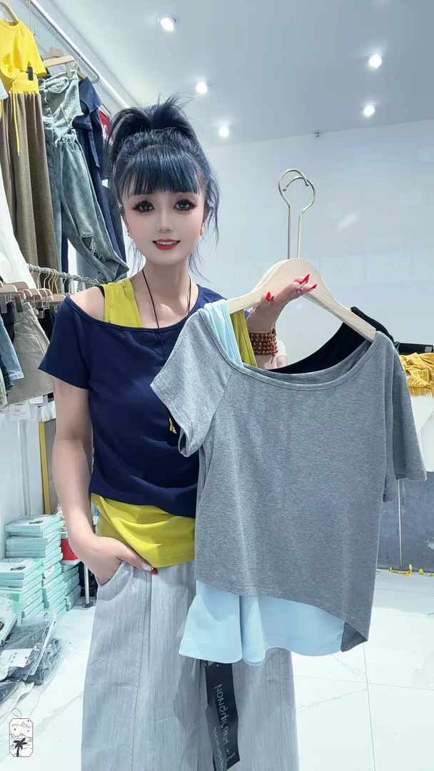 不规则假两件短袖上衣