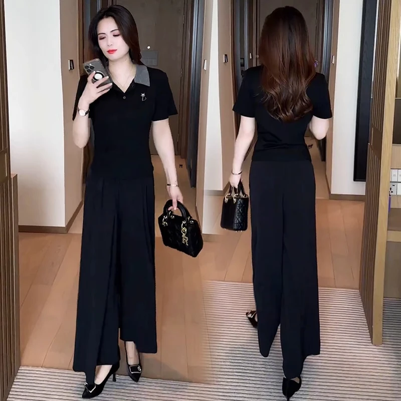 时尚套装女夏季新款设计感短袖polo衫T恤上衣阔腿裤显瘦两件套潮
