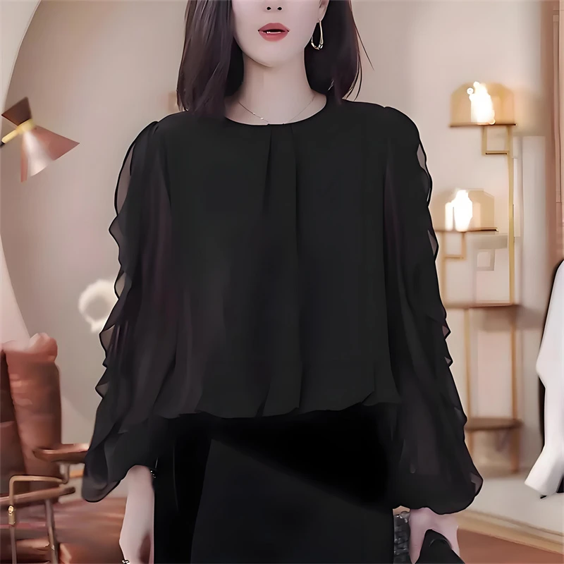 法式圆领长袖衬衫女士2025秋季新款洋气减龄显瘦设计感木耳边上衣