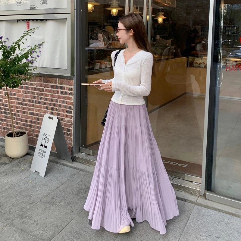 【紫藤雨雾】A字雪纺压褶半身裙女春夏宽松百褶裙新款高档裙子夏季