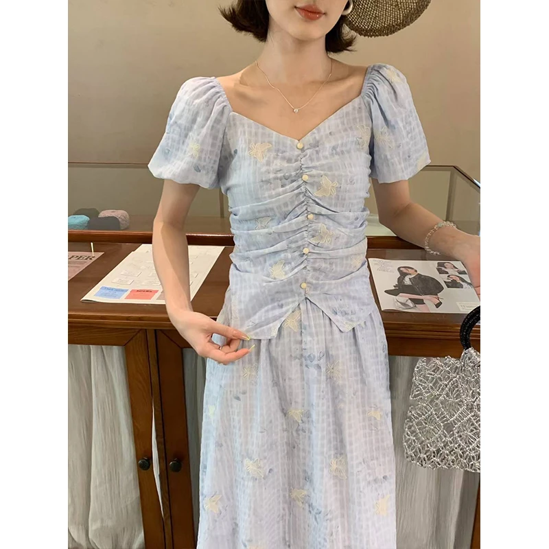 阿球【蝶中蝶蝶蝶~】新款线下订单连衣裙两件套碎花裙微胖高腰设计