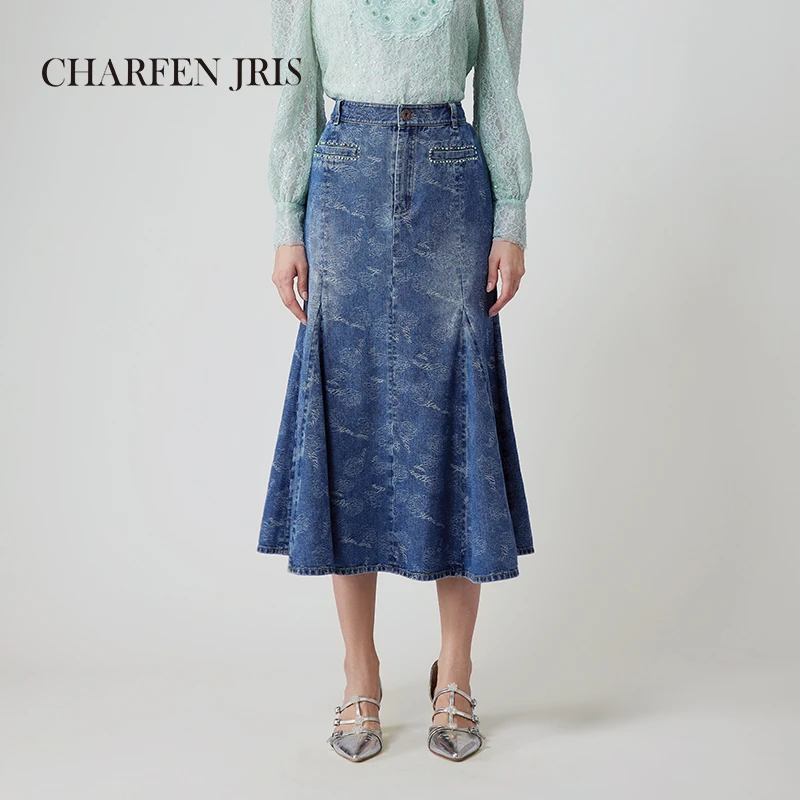 【媛媛专享】朝峰新款高腰显瘦提花牛仔鱼尾半身裙FJE3B616-6025S