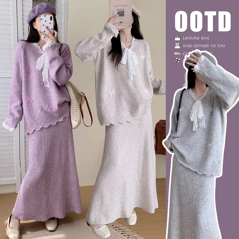 秋冬新款孕妇时尚套装高级感蝴蝶结上衣搭配半身裙高端两件套冬装