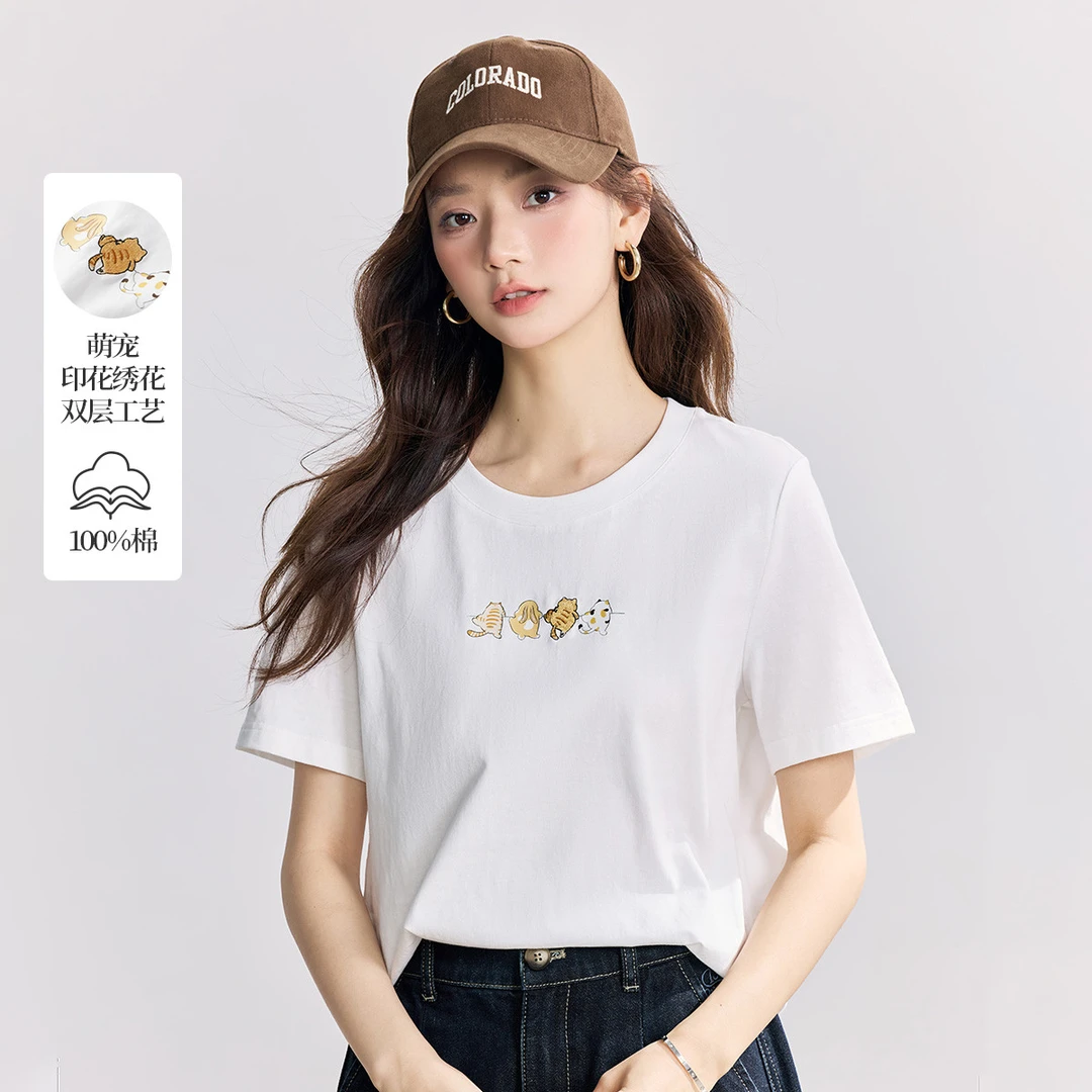纯棉减龄萌宠短袖新款T恤女夏季宽松百搭显瘦休闲套头上衣白色