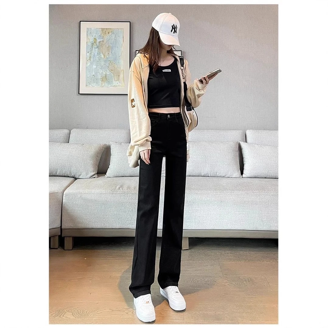 直筒牛仔裤女2025新款春秋高腰显瘦烟管流行爆款黑色窄版阔腿裤子
