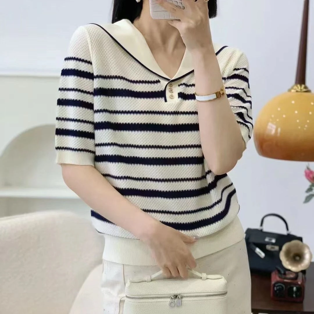 【正品保障】时尚海军领条纹提花针织短袖女春夏季新款洋气上衣薄款