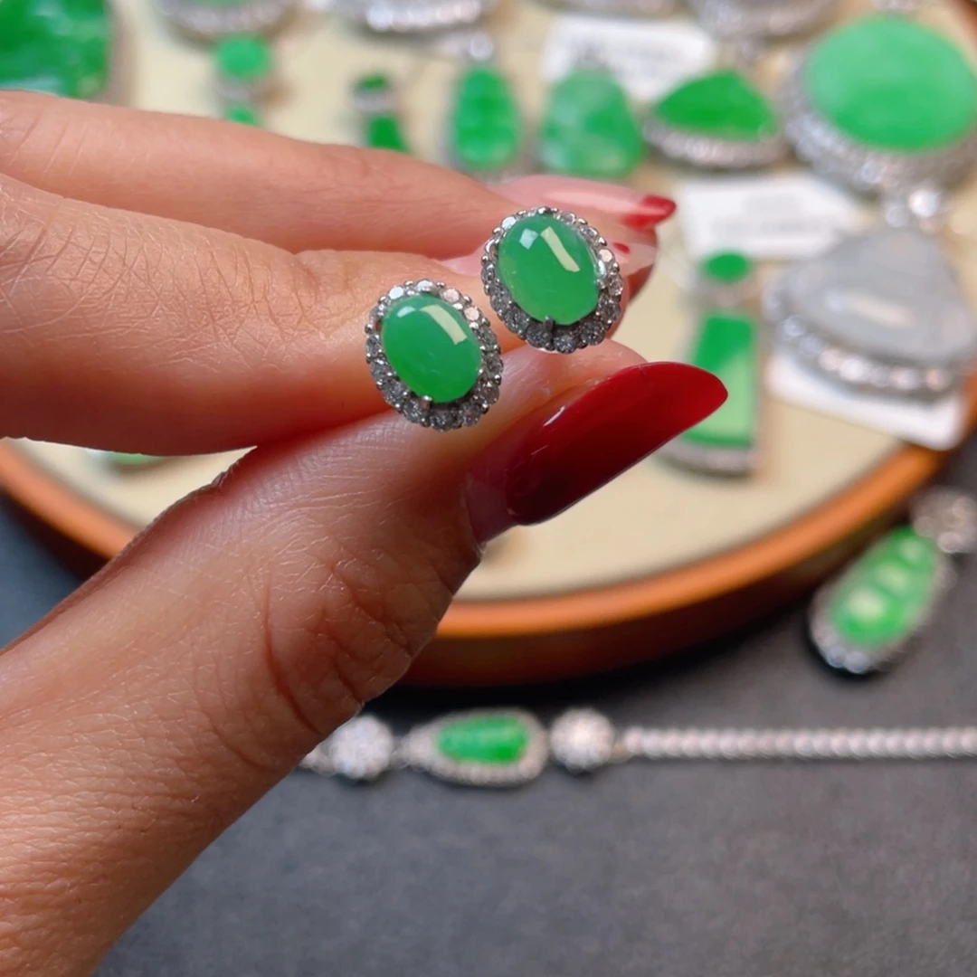 翡翠吊坠(不含链)银S925镶嵌耳钉