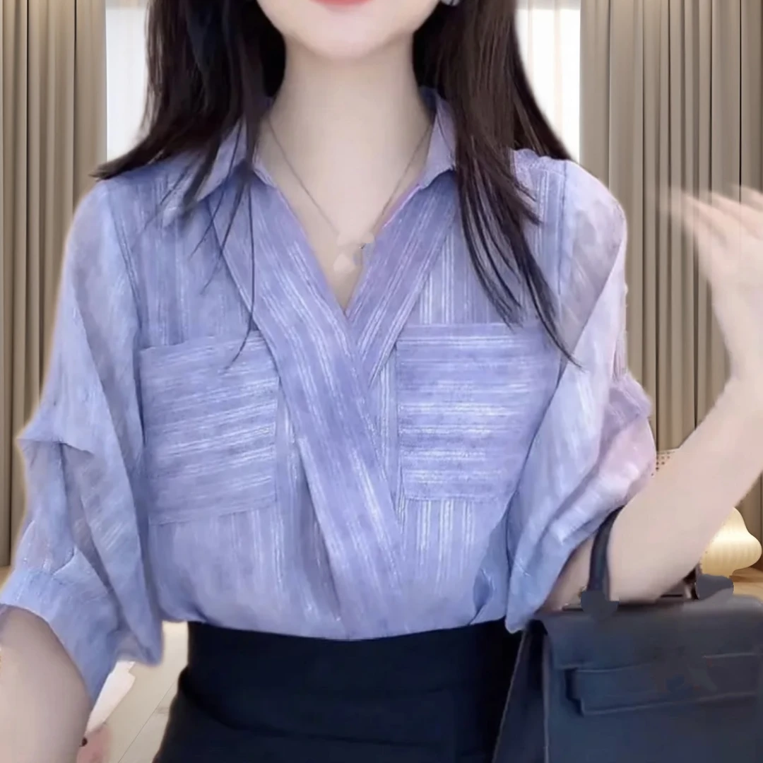 2025夏季新款简约优雅宽松袋小衫显瘦遮肉款高级气质洋气衬衫