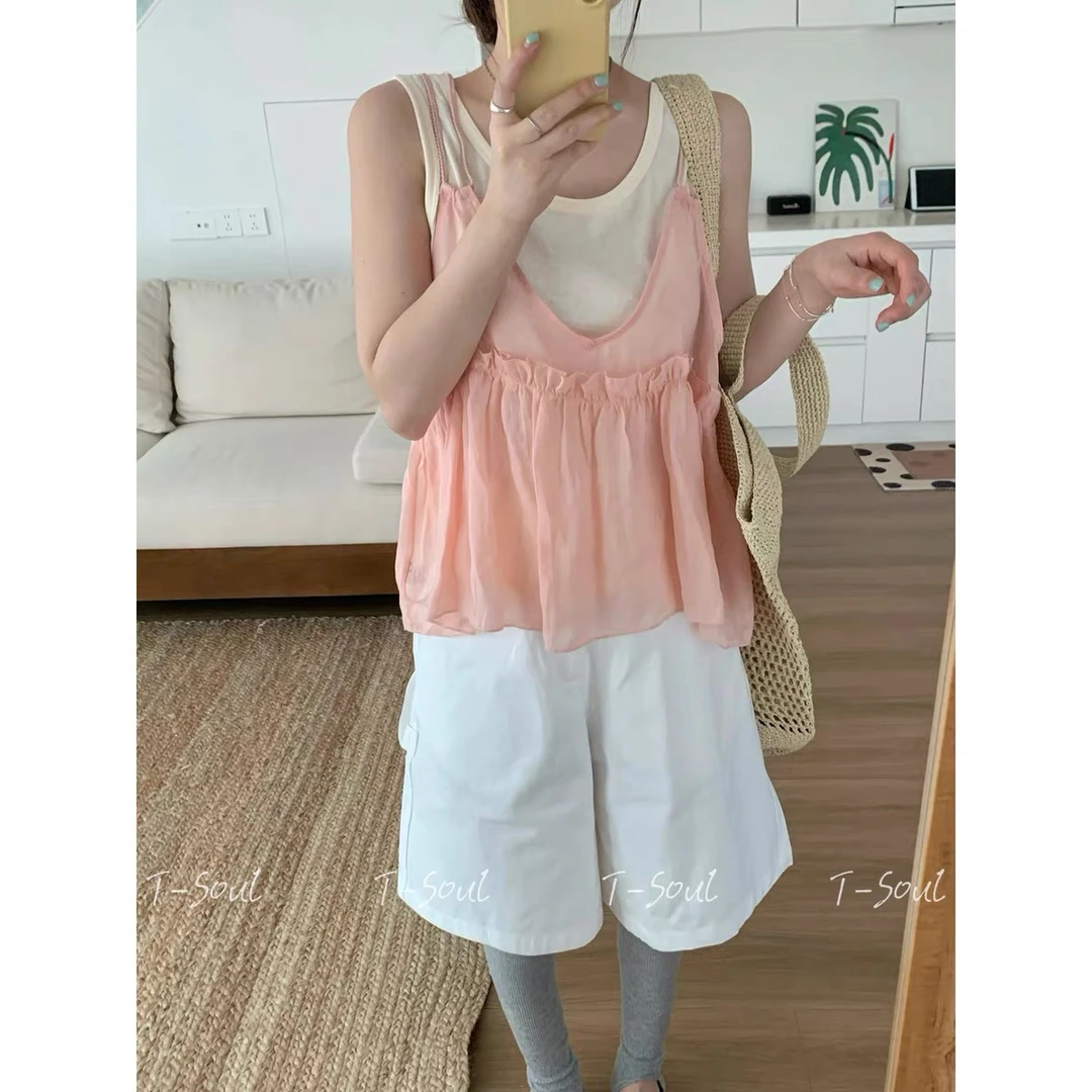 灰灰呀！6026 蜜桃四季春！韩系 甜美假两件吊带叠穿