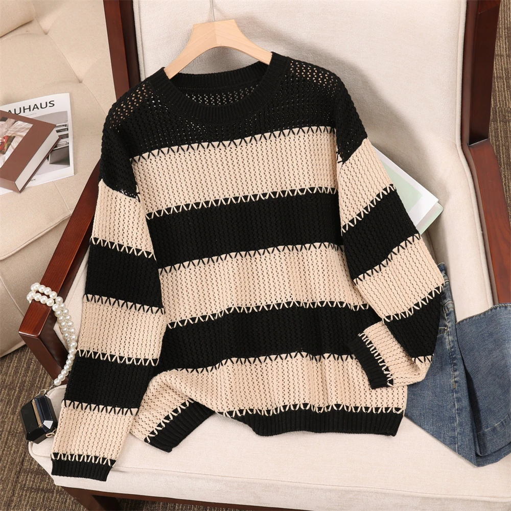 不褪色镂空宽松女春秋针织衫拼色针织衫圆领套头长袖空调衫上衣