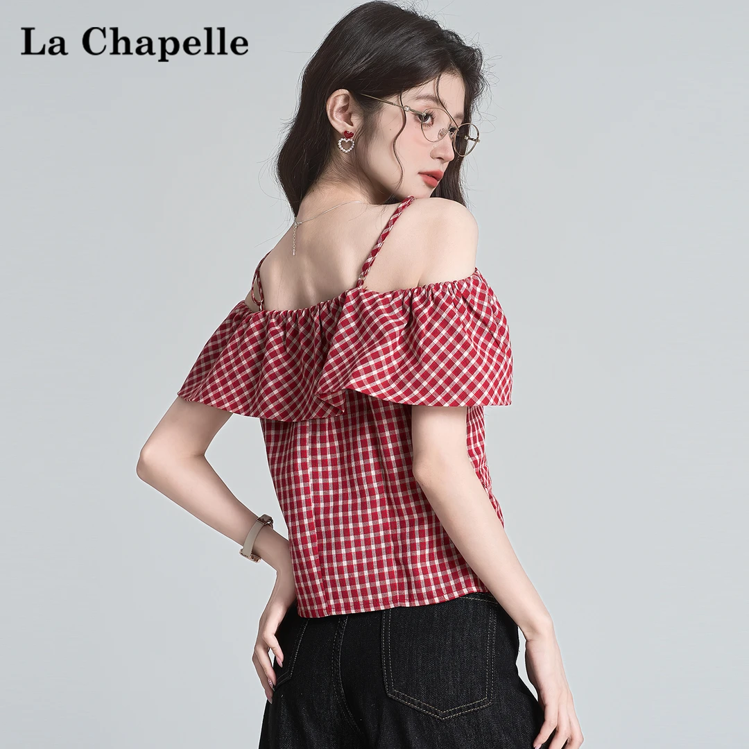 拉夏贝尔韩版时尚气质格子吊带露肩衬衫女夏季新款洋气设计感上衣