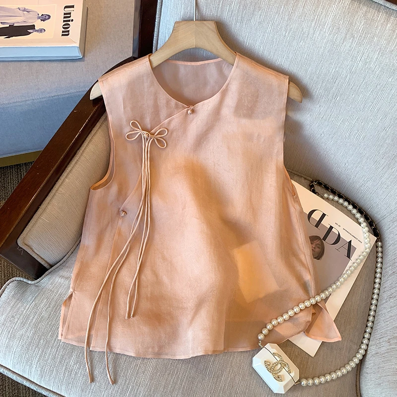 新中式国风斜襟盘扣设计感气质女夏季高级感薄款无袖背心上衣